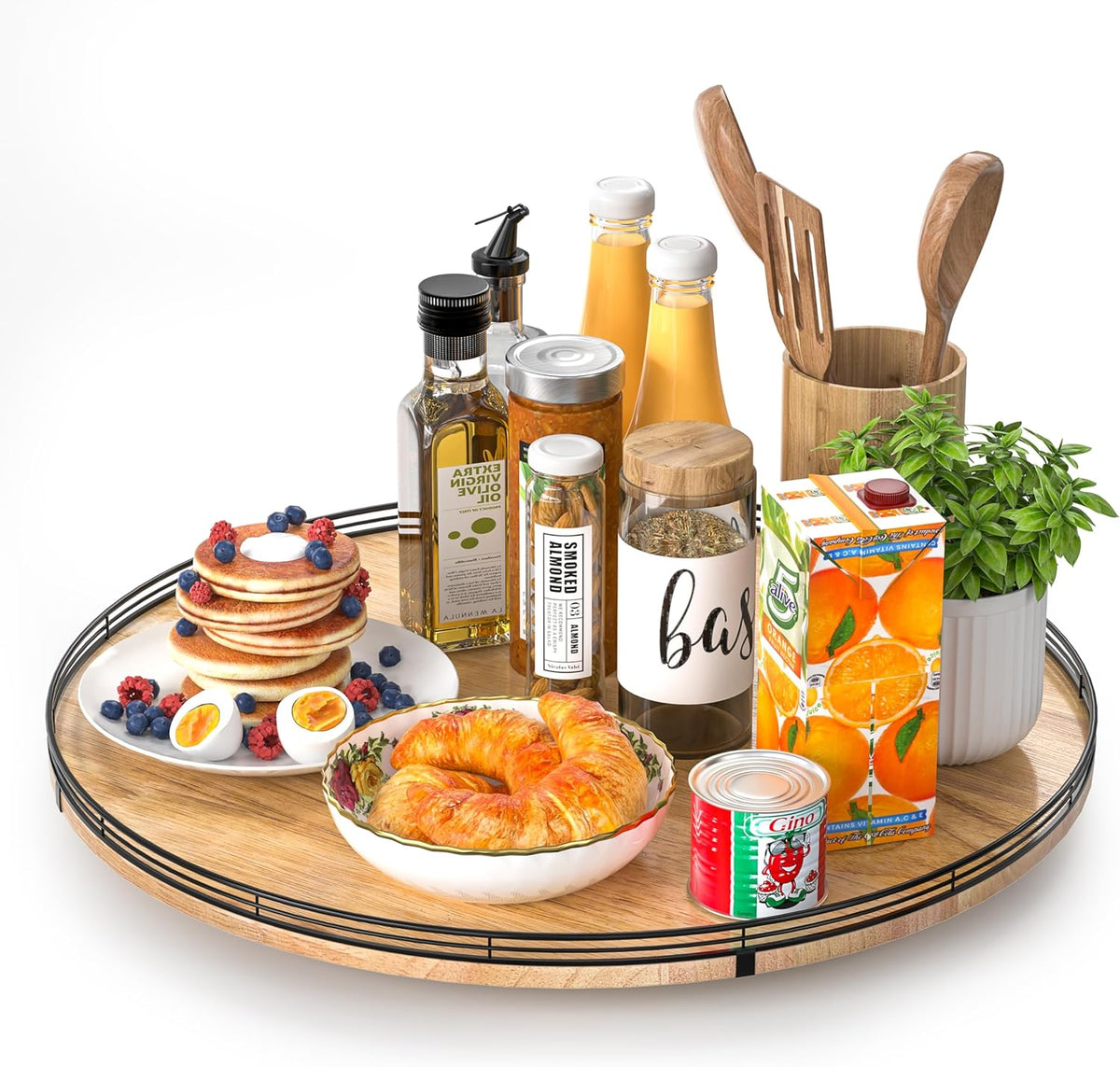 21" Lazy Susan Oak Wood Turntable Organizer for Cabinet, Farmhouse Round Wooden Large Lazy Susan