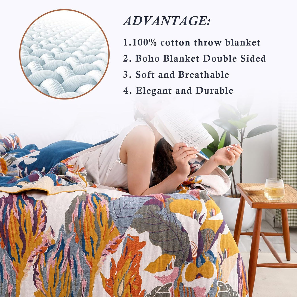 Snycler Boho Throw Blanket for Bed - 100% Cotton Ultra Soft Rustic Quilt - Watercolour Floral