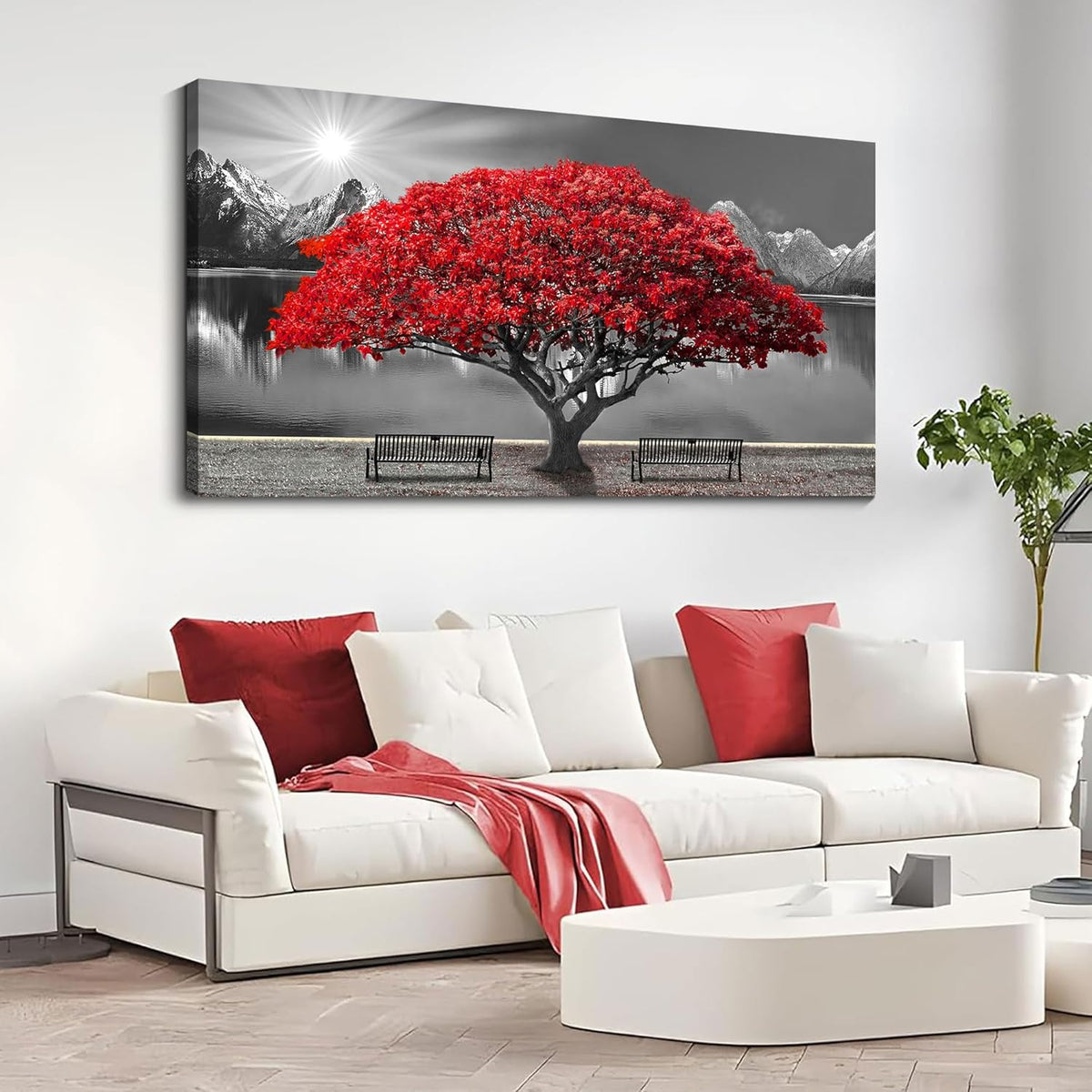 Black and White Red Tree Wall Art Canvas Print Picture Large Red Tree Landscape Modern Artwork for