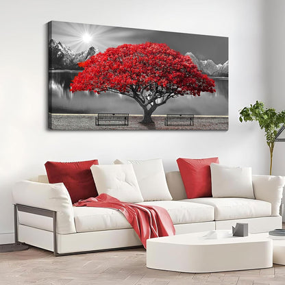 Black and White Red Tree Wall Art Canvas Print Picture Large Red Tree Landscape Modern Artwork for