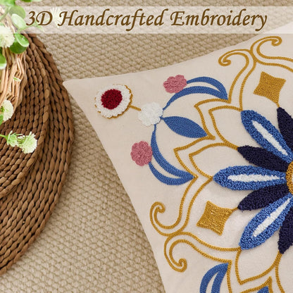 Embroidered Throw Pillow Cover 18x18 Classic Boho Floral Pattern Pillows Cover Outdoor Decorative