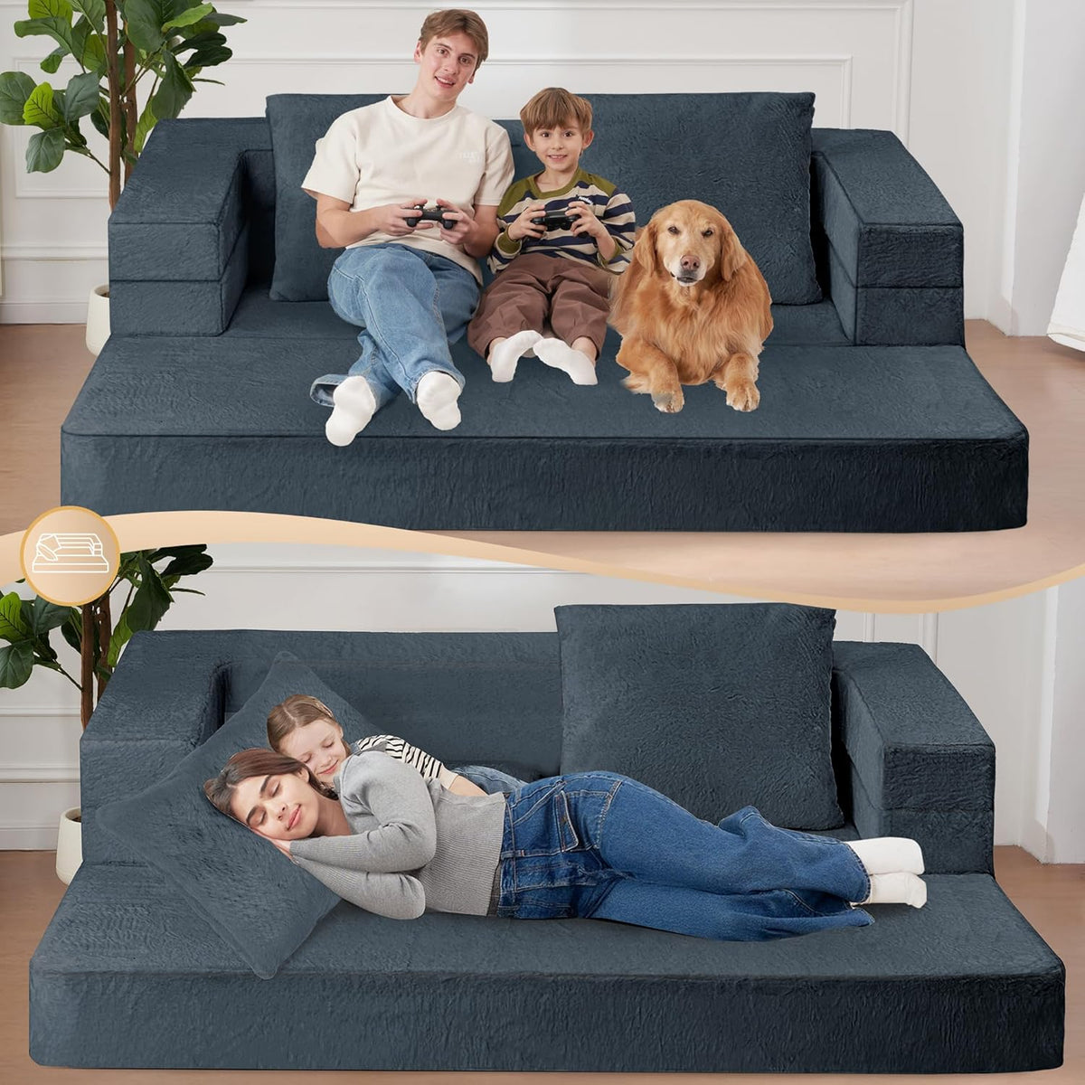 Folding Bean Bag Chair for Adults,3-in-1 Bean Bag Couch Faux Fur Floor Sofa Large Beanbag