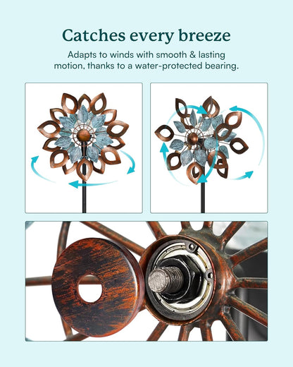Copper Wind Spinners Outdoor 74 Inches with Solar LED Light, Kinetic Dual Wind Sculptures &
