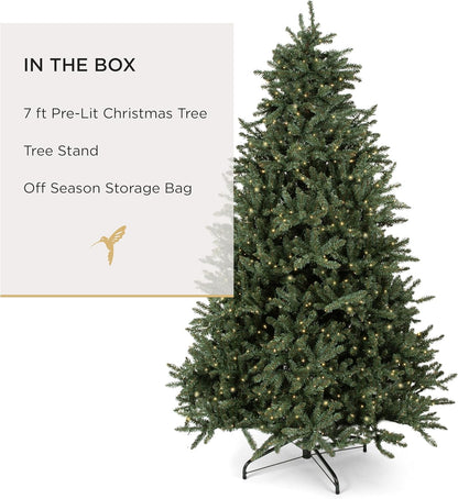 Papyrus 7 ft Pre-Lit Artificial Christmas Tree, Blue Spruce, Warm White Lights, Includes Stand and