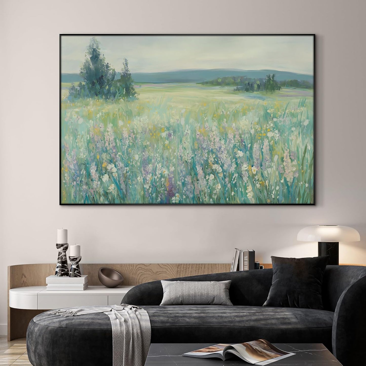 SIGNWIN 46"x72" Extra Large Framed Wall Art Wildflower Meadow Landscape Soft Pastel Nature