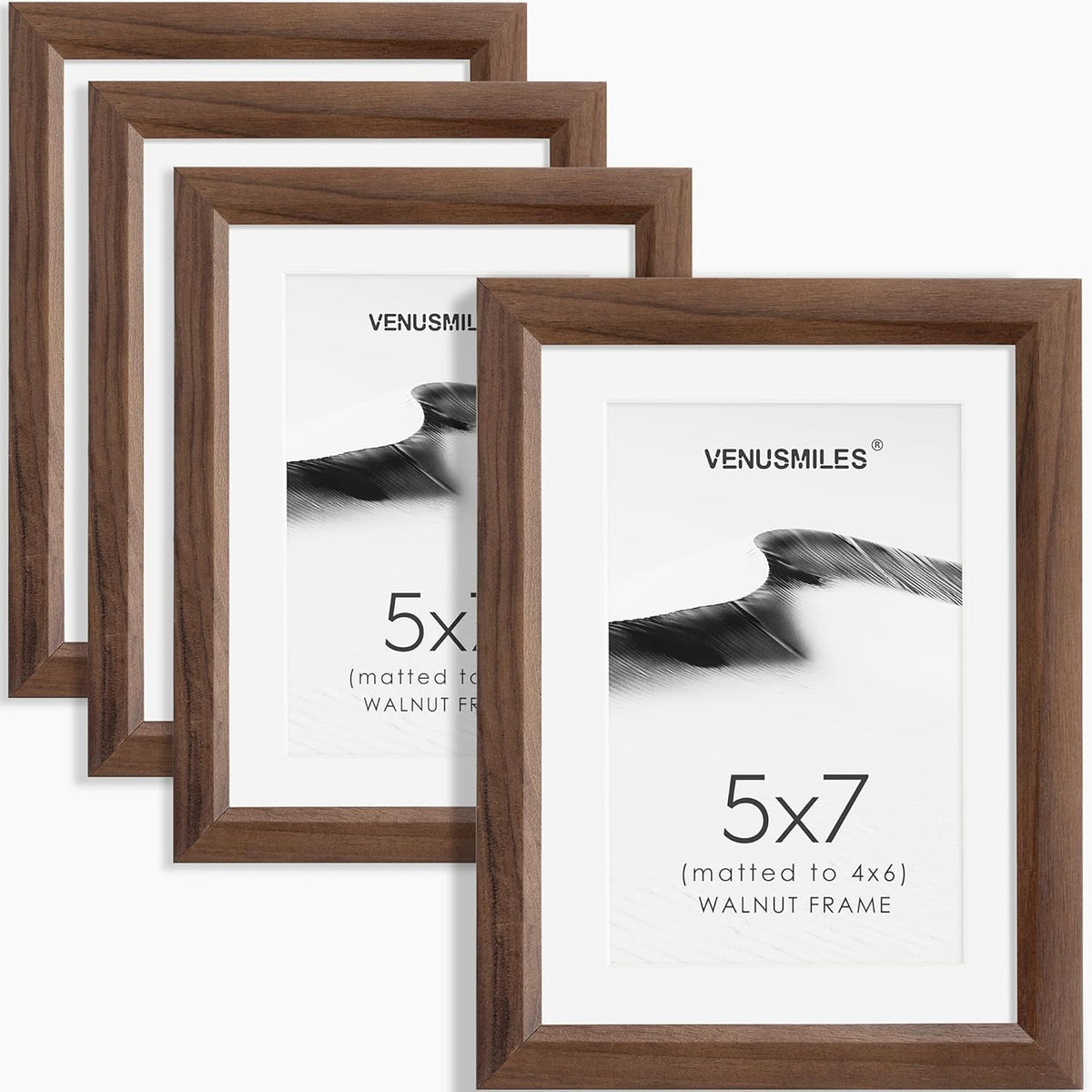 5x7 Picture Frame Set of 4 Natural Solid Walnut Photo Frames with 4x6 Removable Mat Wall Hanging
