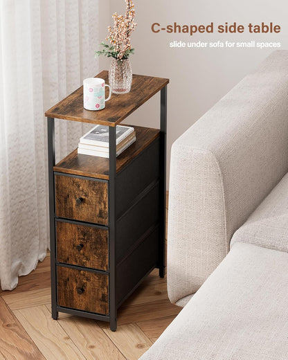 TUTOTAK Narrow Night Stand, Slim End Table, Tall Side Table with 3 Fabric Drawer, Small Bedside
