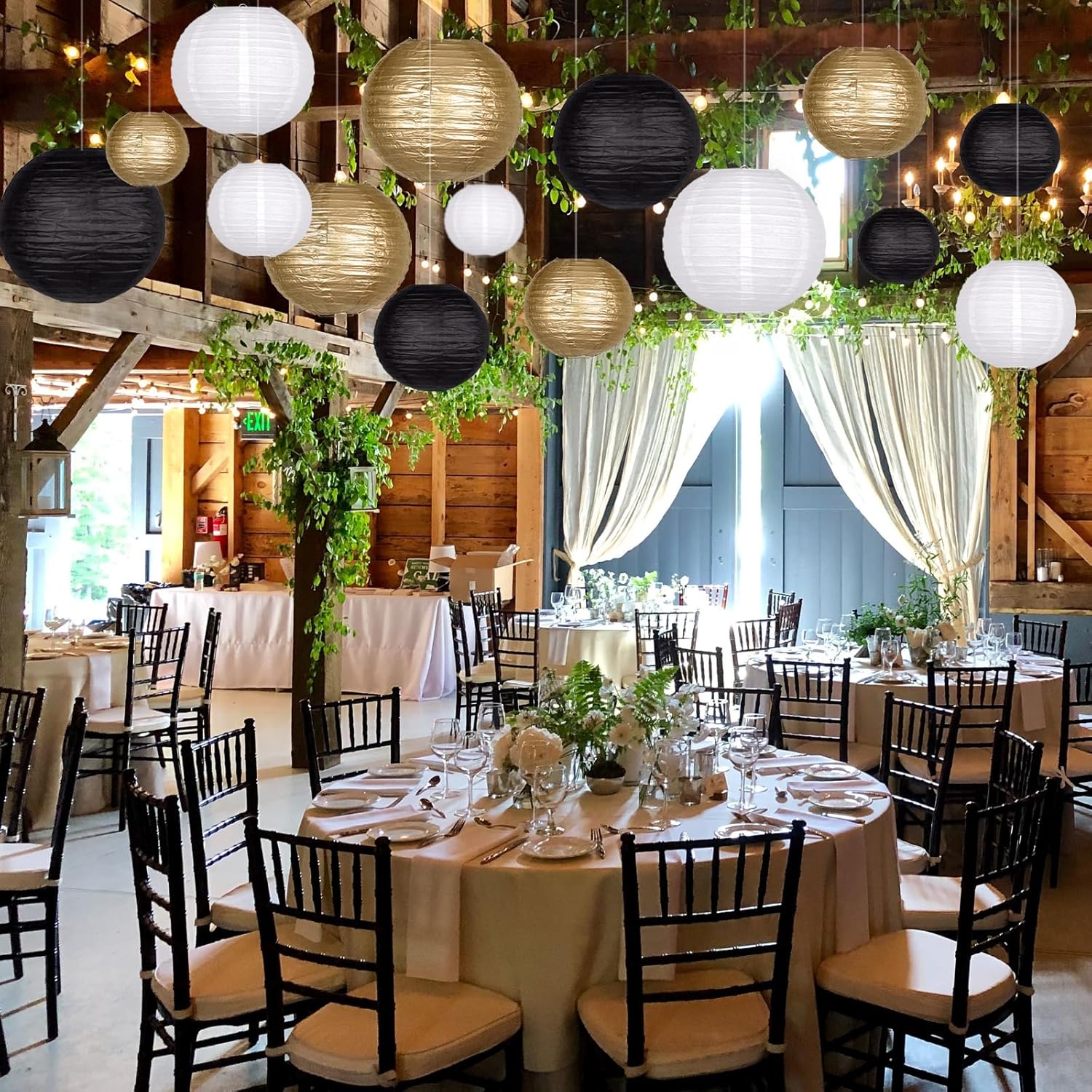 15pcs Paper Lanterns Black Gold Round Hanging Chinese Paper Lanterns 4" 6" 8" 10" 12" for