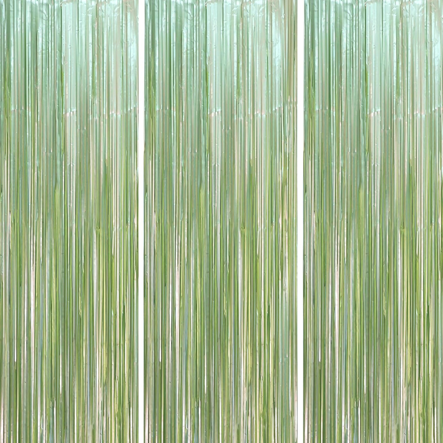 3 Pack 3.3 x 8.2 ft Sage Green Foil Fringe Backdrop Curtains, Tinsel Streamers Party Decorations