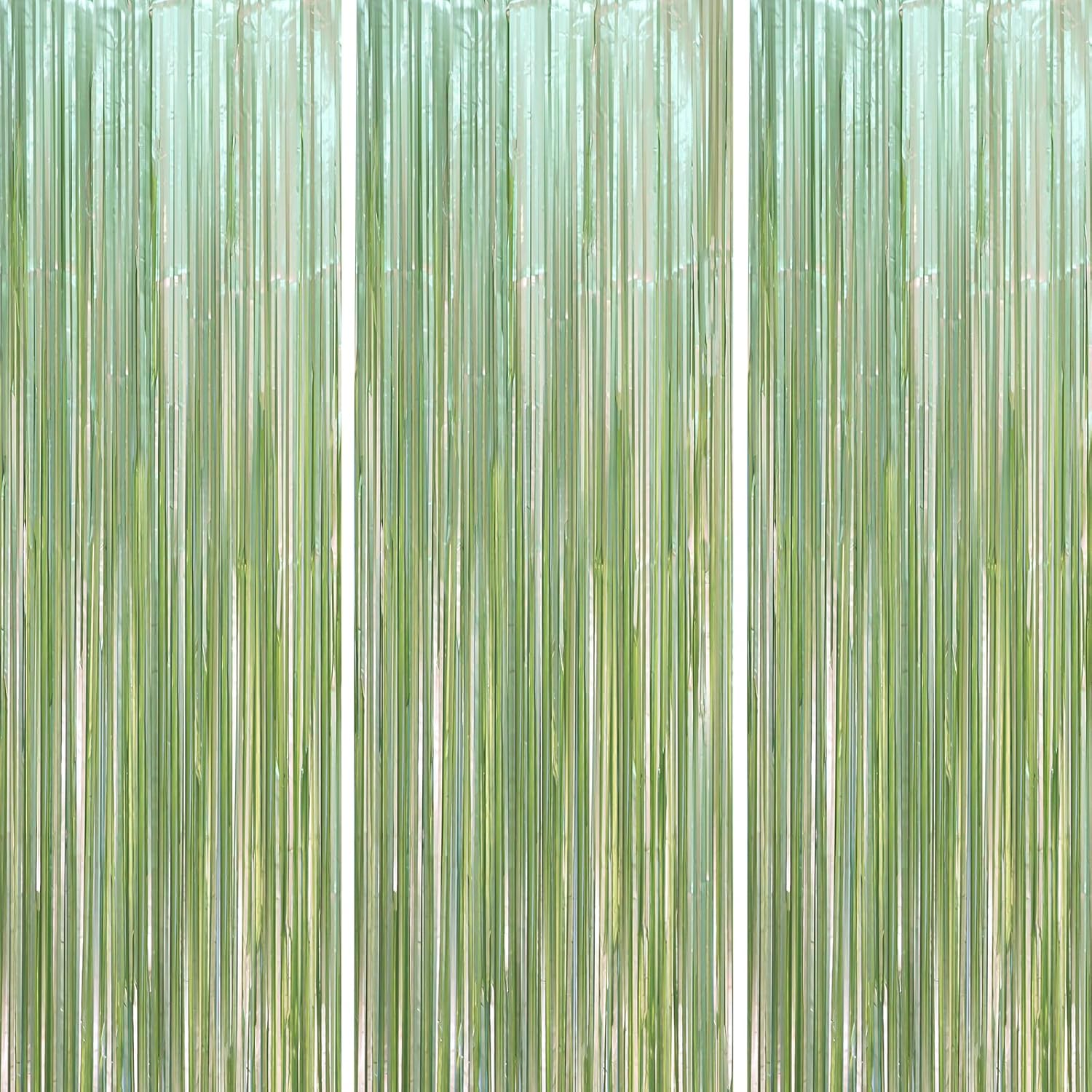 3 Pack 3.3 x 8.2 ft Sage Green Foil Fringe Backdrop Curtains, Tinsel Streamers Party Decorations
