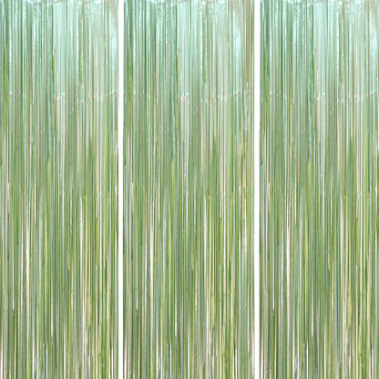 3 Pack 3.3 x 8.2 ft Sage Green Foil Fringe Backdrop Curtains, Tinsel Streamers Party Decorations