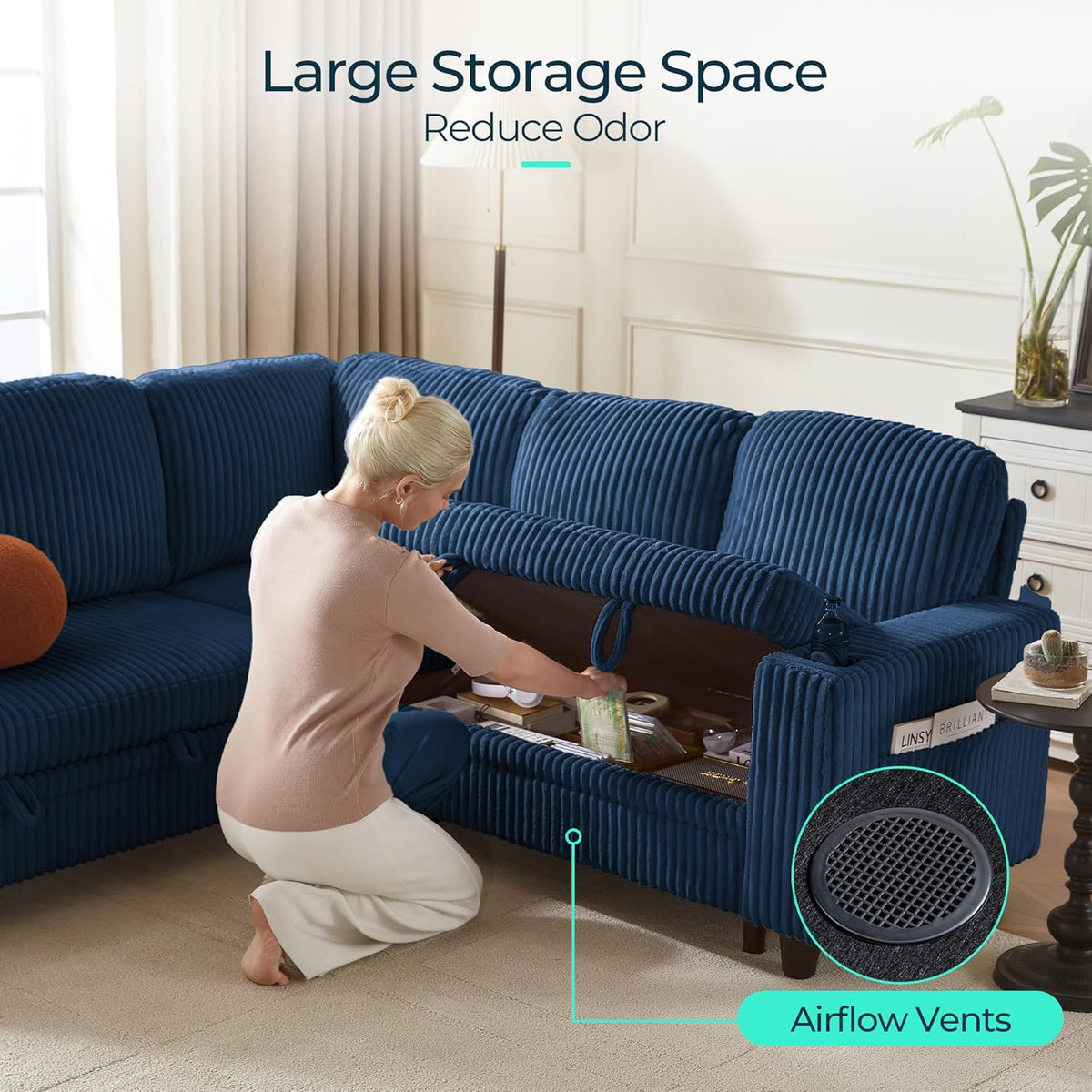 LINSY HOME Sectional Sleeper Sofa with Pull Out Couch Bed - Convertible Plush Corduroy Cloud Couch