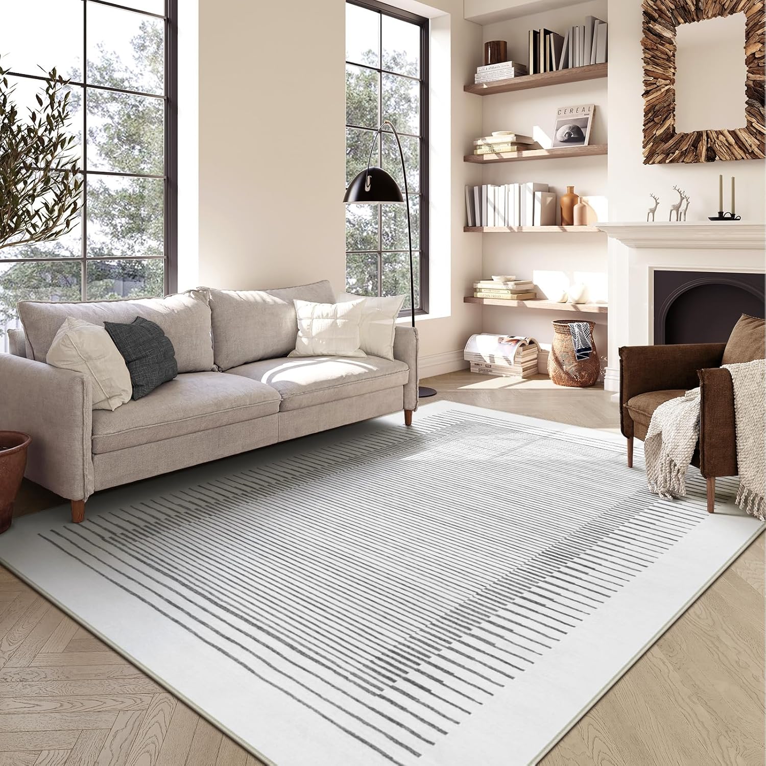 Wonnitar Washable Striped 8x10 Rugs for Living Room, Non-Slip Soft Grey Berber Stripe Bedroom Rug
