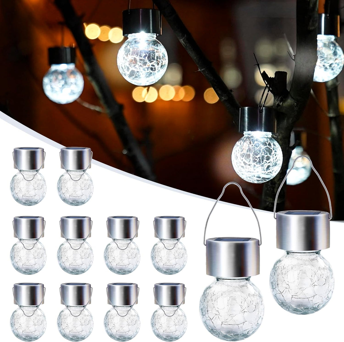 GIGALUMI 12 Pack Solar Outdoor Lights, Solar Hanging Lights for Christmas Decoration-Cracked Glass