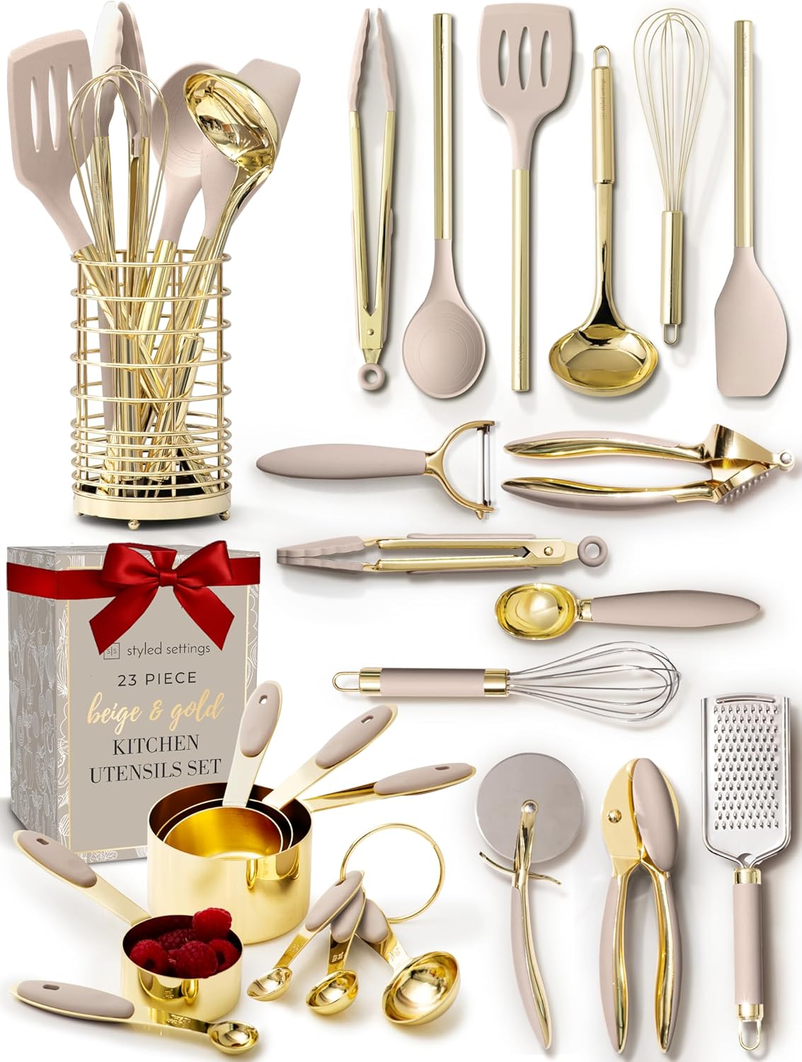 Styled Settings 23-Piece Beige and Gold Utensils Set – Silicone Nonstick Cooking Tools with Garlic
