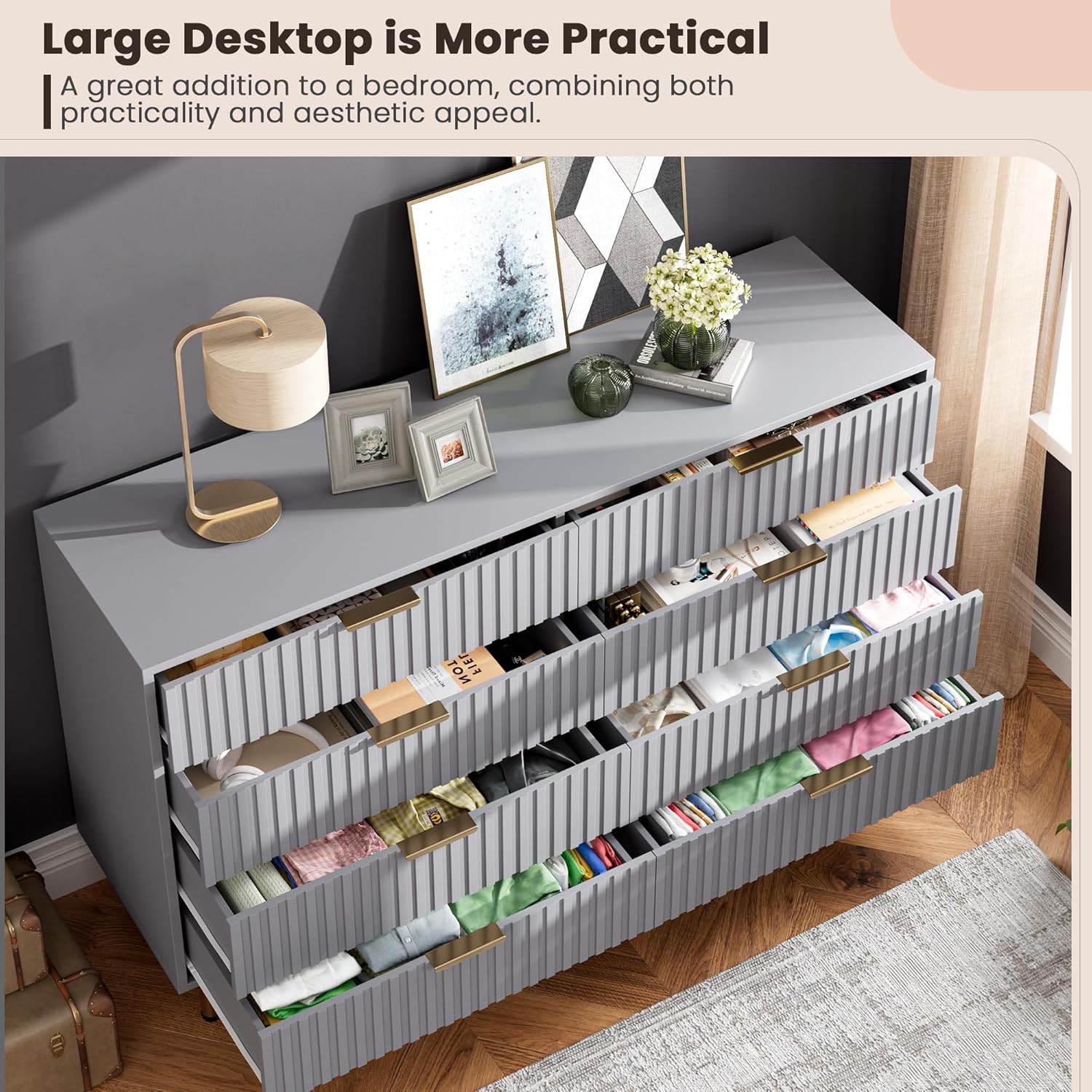 8 Drawer Dresser for Bedroom, Fluted 55" Wide Modern Chest of Drawers with Deep Drawers, Long Large