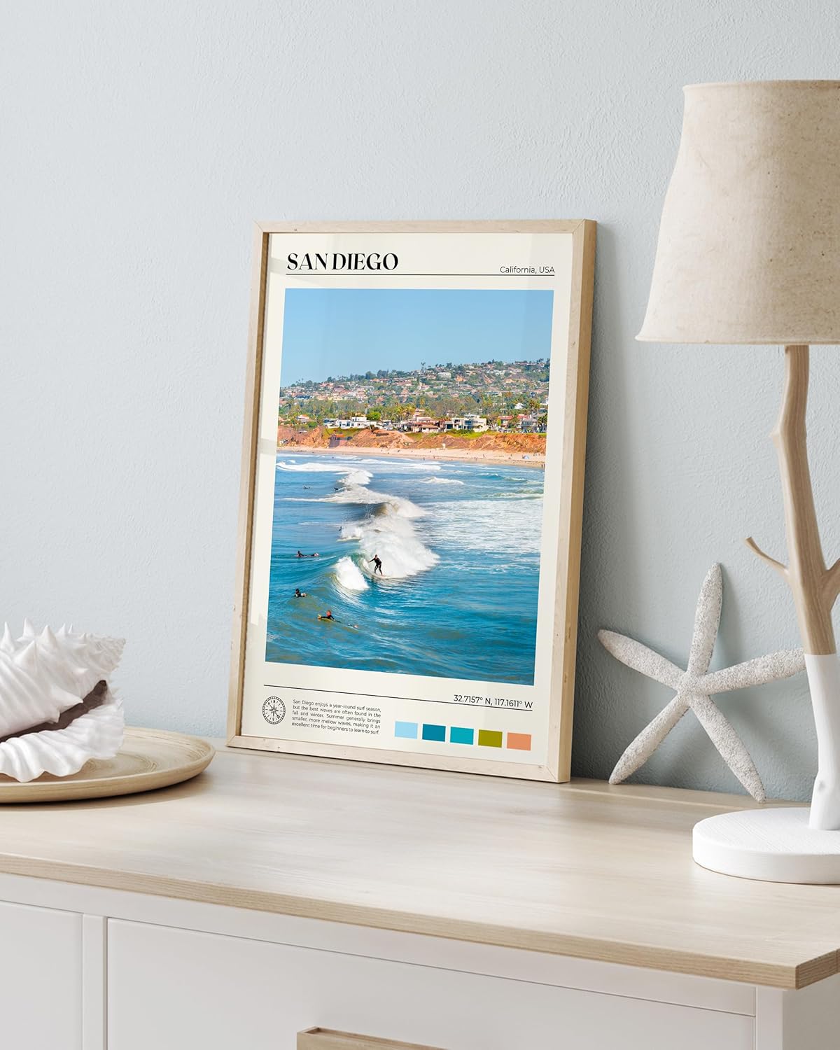 HesenDot Natural OAK Wood San Diego Surfing Framed Wall Art,12x16in Natural Seascape Canvas Wall