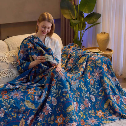 Fall Throw Blanket for Couch, Blue Boho Decorative Throw Blanket, 100% Cotton Muslin Breathable