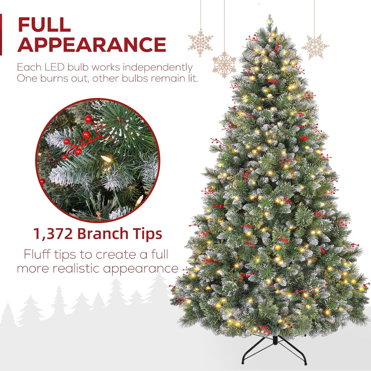 Hykolity 7.5 ft Prelit Artificial Christmas Tree, Partially Frosted Christmas Pine Tree with Red