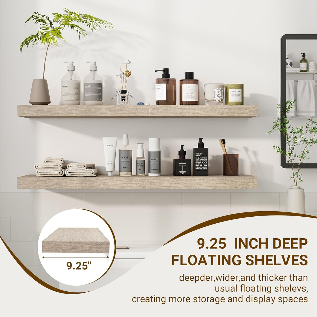 36 Inch Floating Shelves, 3D Textured Wood Grain, 36"x9.25"x1.5" Inch Deep Floating Shelves for