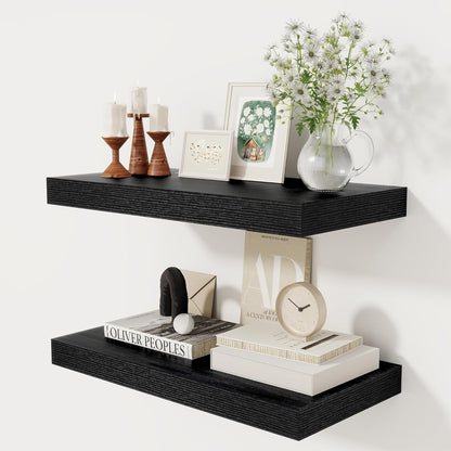 12 Inch Deep Black Floating Shelves, 24 x 12 Floating Shelf for Books, Rustic Wood Deep Wall
