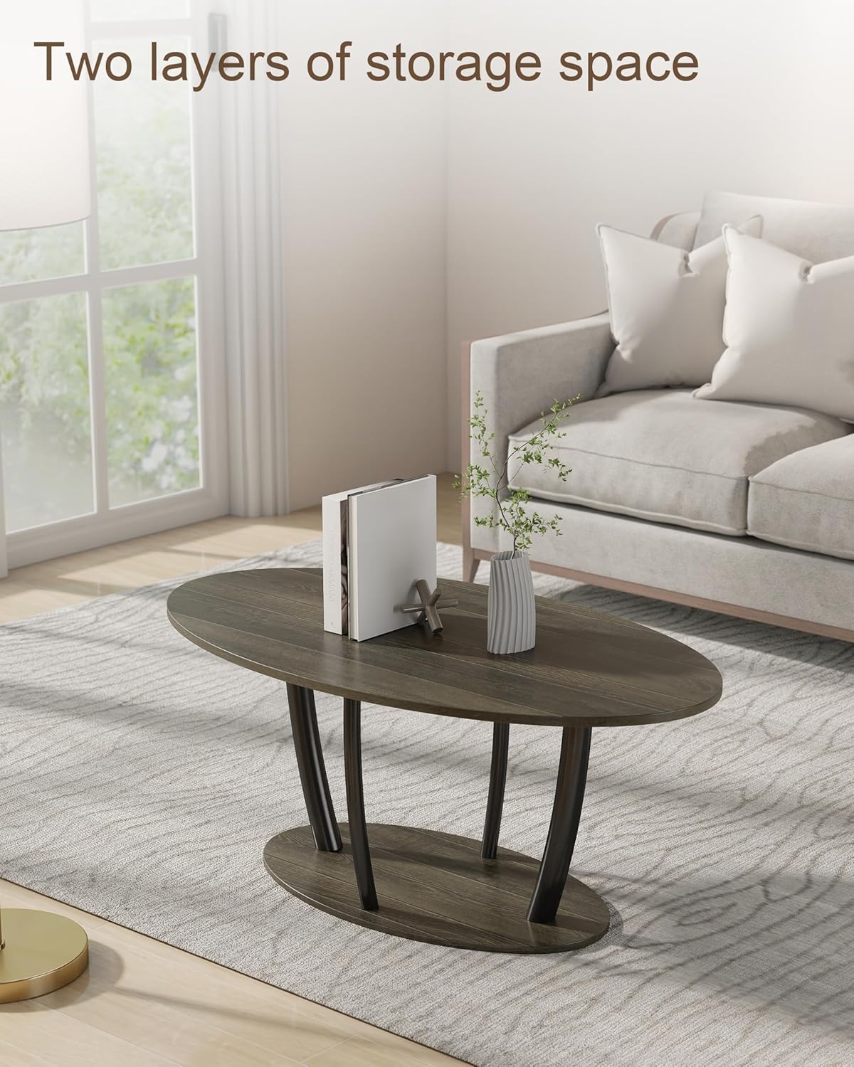 Manora Small Oval Coffee Table with Storage, Rustic Farmhouse Industrial Center Table for Living