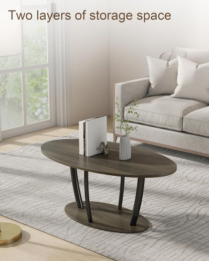 Manora Small Oval Coffee Table with Storage, Rustic Farmhouse Industrial Center Table for Living