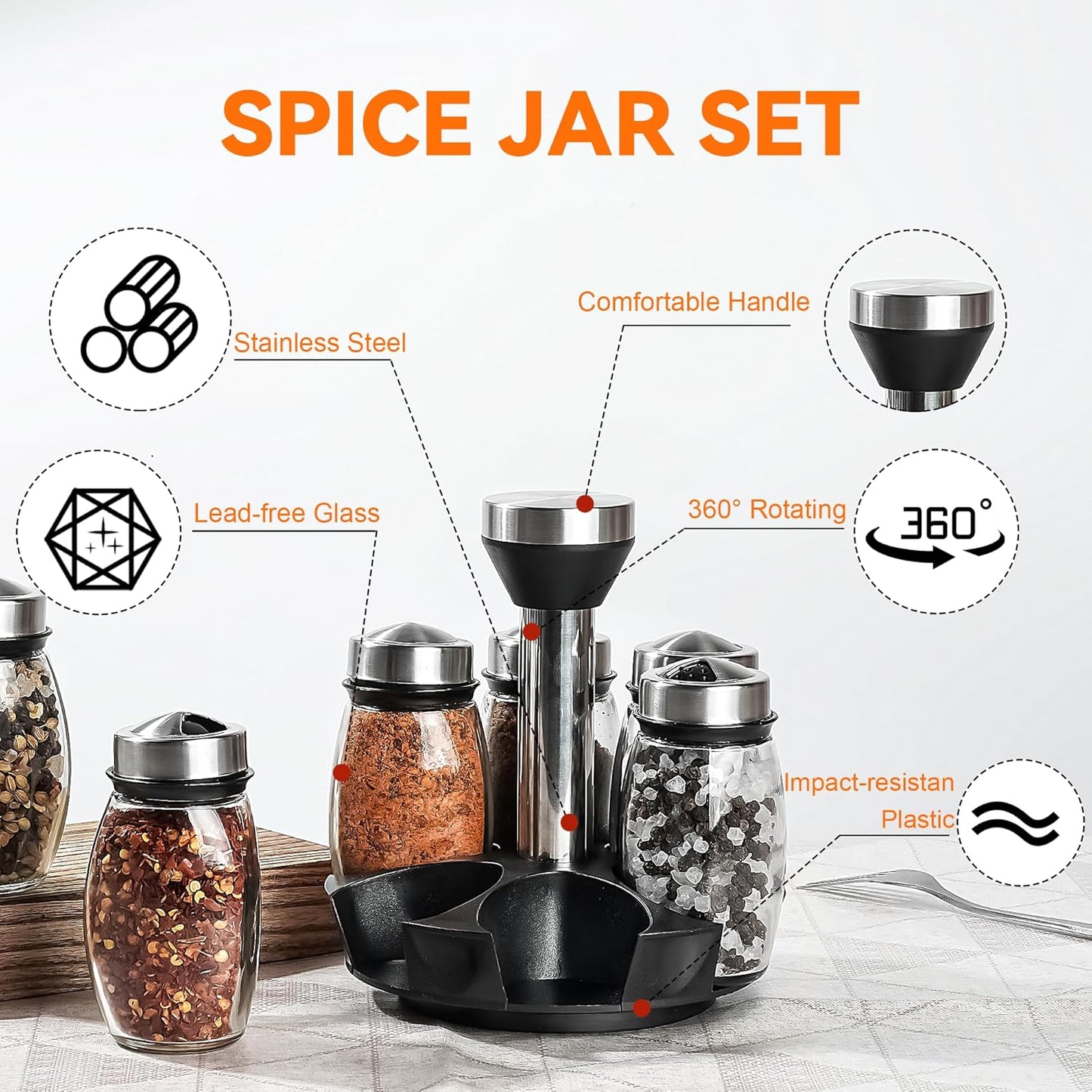 Mlici 6PC Spinning Glass Spice Jars - 360° Rotating Spice Rack Organizer with Jars, Stainless Steel