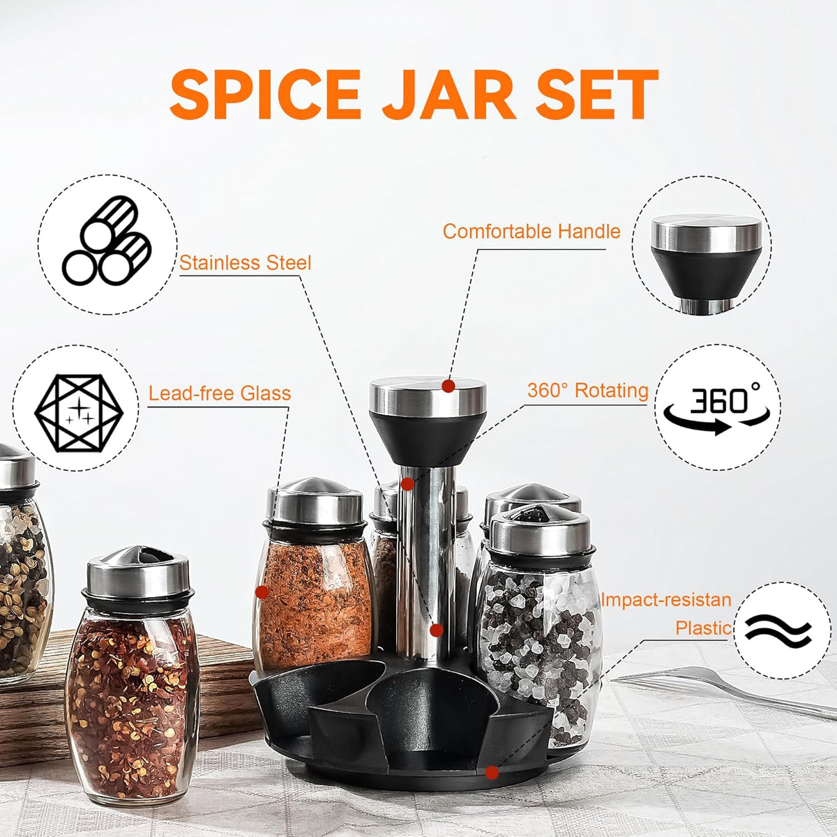 Mlici 6PC Spinning Glass Spice Jars - 360° Rotating Spice Rack Organizer with Jars, Stainless Steel