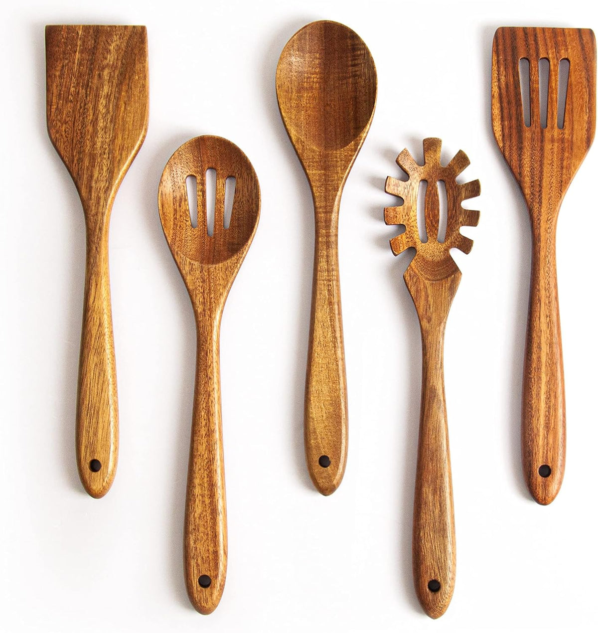 Acacia Wooden Spoons for Cooking: 5-Piece Kitchen & Cooking Utensils Set - Wooden Spatula, Slotted
