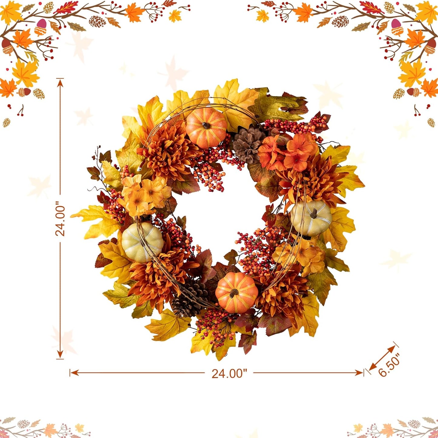 Glitzhome 24 inch Artificial Fall Wreath Decor, Autumn Maple Leaf Wreath for Front Door with Dahlia