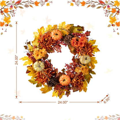 Glitzhome 24 inch Artificial Fall Wreath Decor, Autumn Maple Leaf Wreath for Front Door with Dahlia