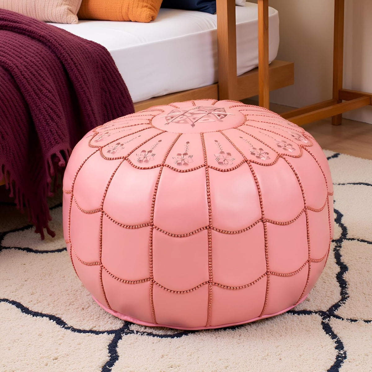 Stuffed Arch Design Moroccan Leather Pouf Ottoman, Handmade, Pre-Filled, 100% Genuine Leather, 14”