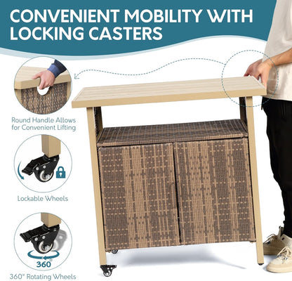 Outdoor Indoor Storage Cabinet with Rolling Wheels, Patio Serving Cart with Bar Table and Wicker