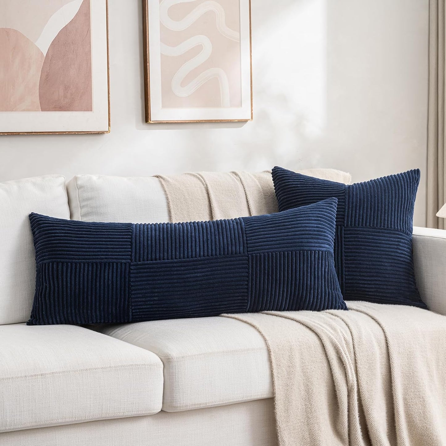 Fancy Homi Set of 2 Navy Blue Boho Long Lumbar Body Decorative Throw Pillow Cover 14x36 Inch for