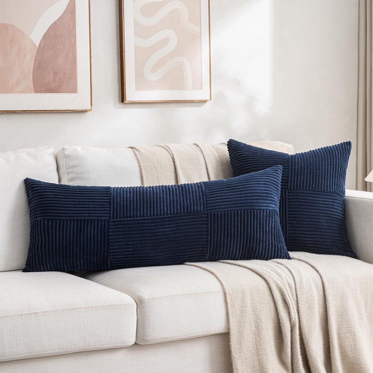 Fancy Homi Set of 2 Navy Blue Boho Long Lumbar Body Decorative Throw Pillow Cover 14x36 Inch for