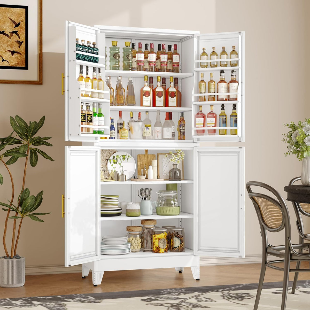 74.8" Tall Metal Food Cabinet, White Kitchen Pantry Cabinet, Storage Cabinets with 4 Door and 4