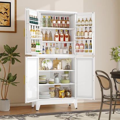 74.8" Tall Metal Food Cabinet, White Kitchen Pantry Cabinet, Storage Cabinets with 4 Door and 4
