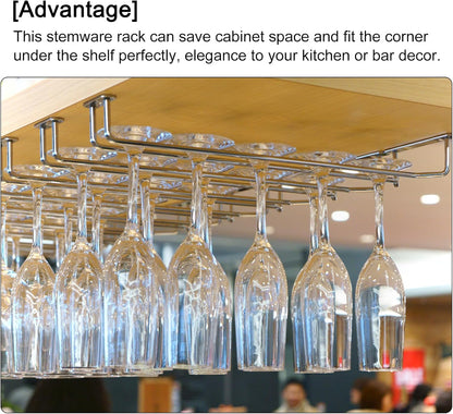 uxcell Wine Glass Rack Under Cabinet, 4Pcs 10-Inch Stemware Wine Glass Hanging Rack Stainless Steel