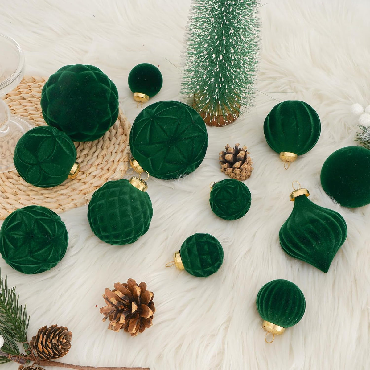 46PCS Velvet Christmas Ball Ornaments Set, Flocked Shatterproof Xmas Tree Decor, Assorted Hanging