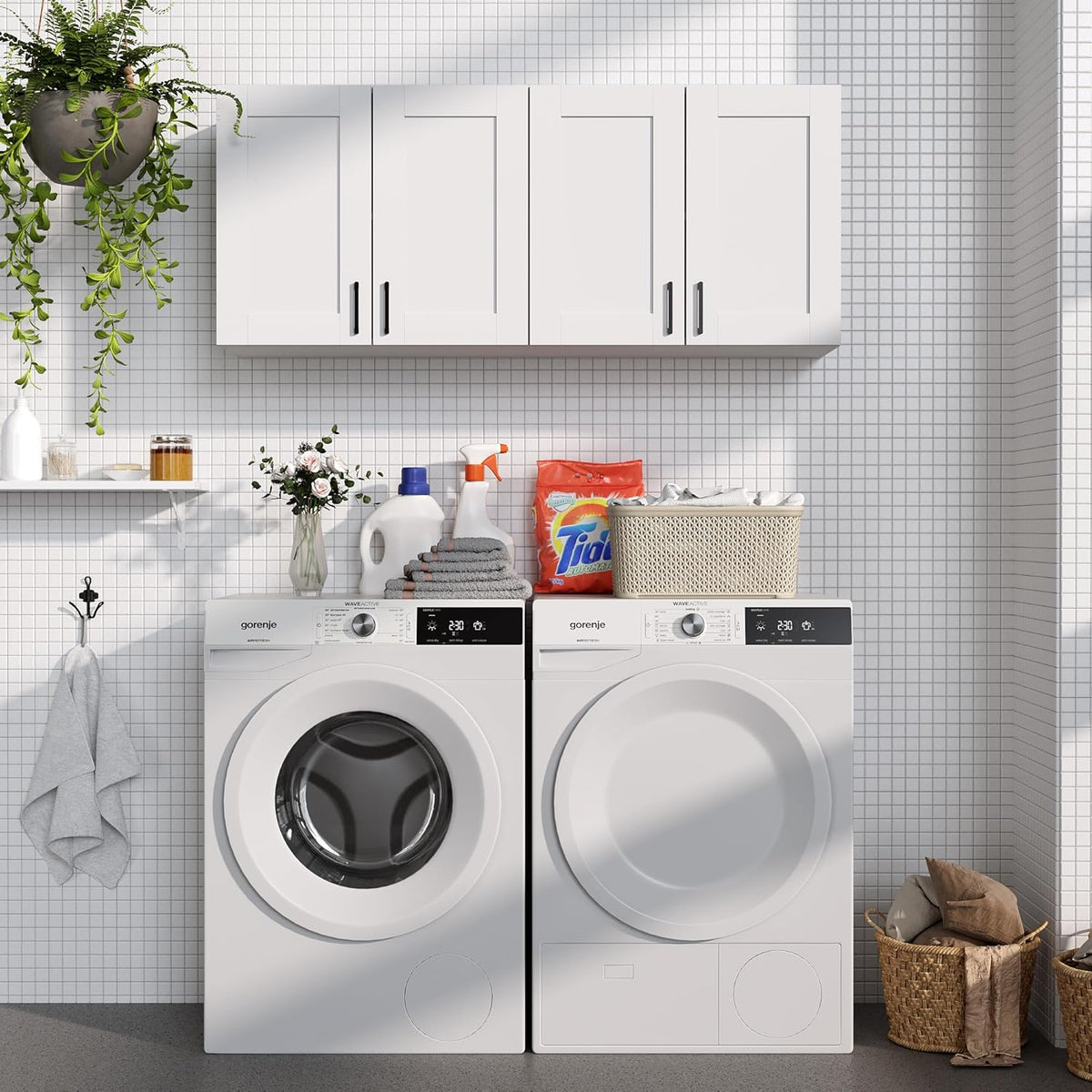 White Laundry Room Cabinets and Storage with 4 Doors and Utility Adjustable Shelf，Gabinetes Para