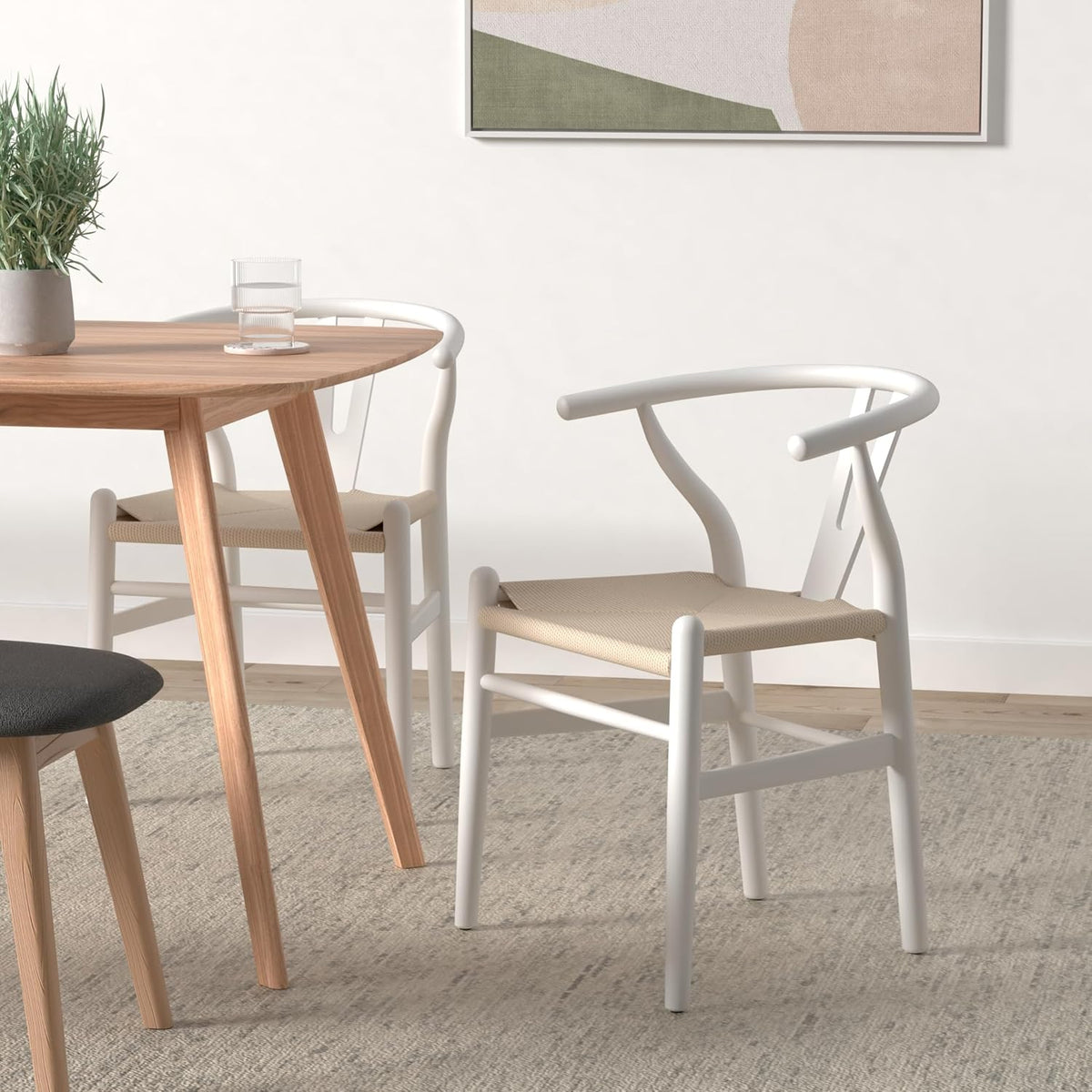 POLY & BARK Weave Dining Chairs – Mid-Century Modern Wishbone Dining Chairs with Arms, Solid Wood