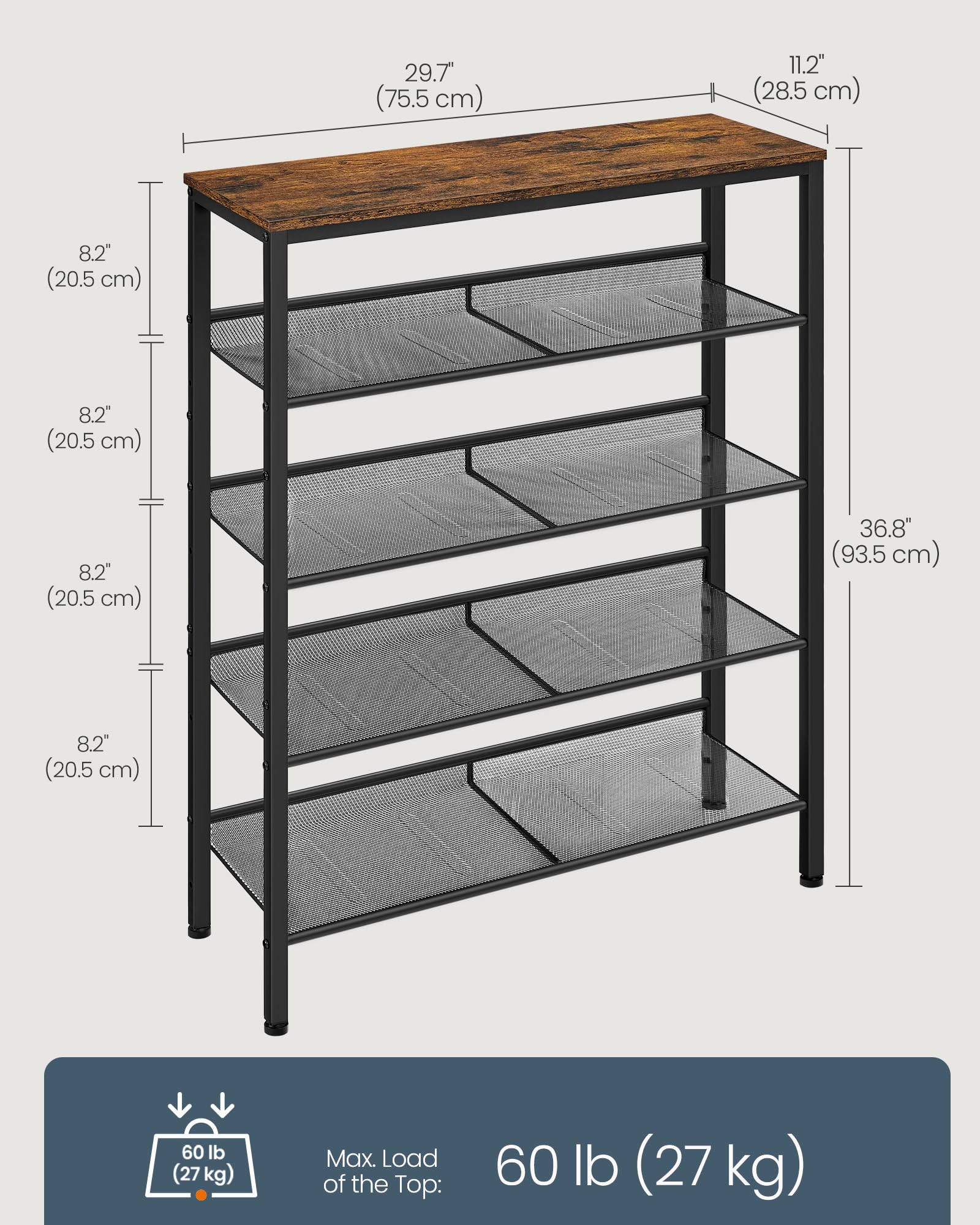 SONGMICS HOME 5 Tier Shoe Storage Organizer, Freestanding, Dense Mesh