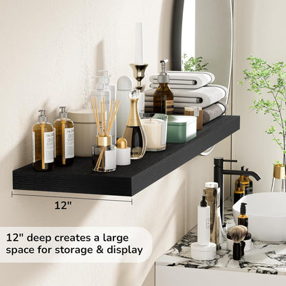 Fun Memories Floating Shelves - 12 Inch Rustic Wooden Wall Shelves - Extra Deeper & Thicker Wall