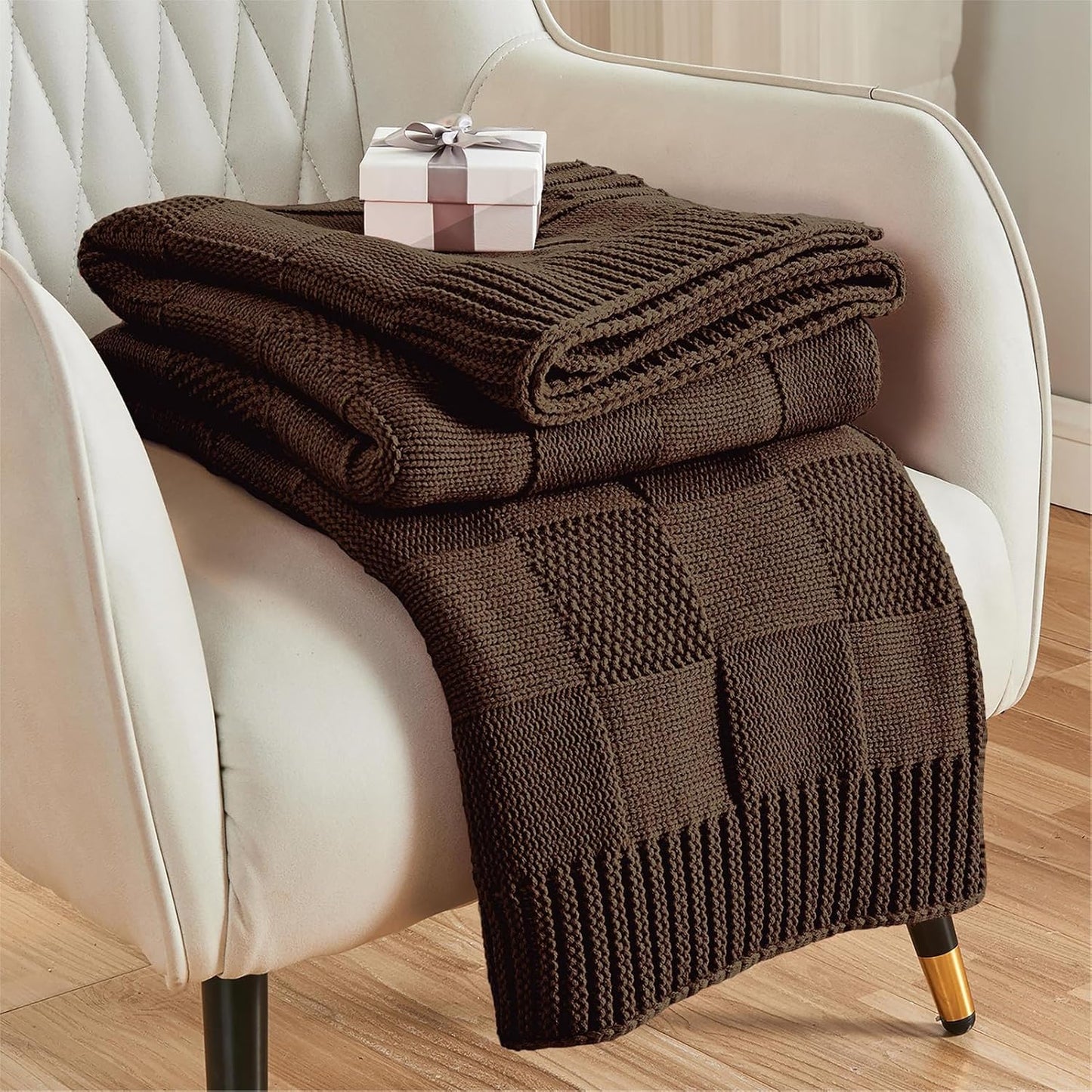CozeCube Check Knit Throw Blanket, Dark Brown Checkered Throw for Couch, Decorative Christmas Soft