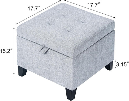 Adeco 18 Inch High Cube Ottoman Storage, Linen Chair Foot Stools, Upholstered Vanity Stool with