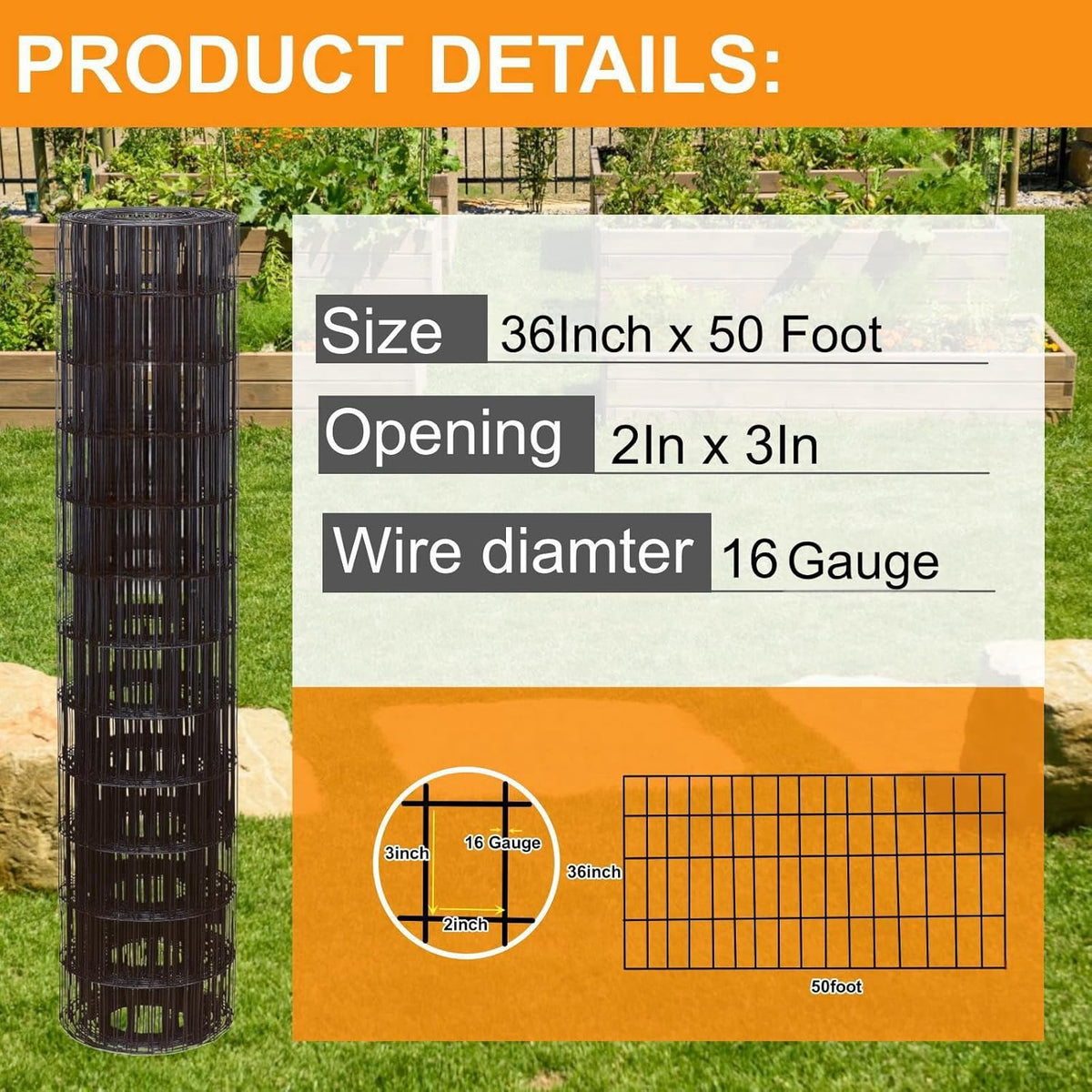 Wire Fence 36in x 50ft, 2 x 3 Inch 16GA, Garden Fence Garden Border Fencing Roll Vinyl Coating