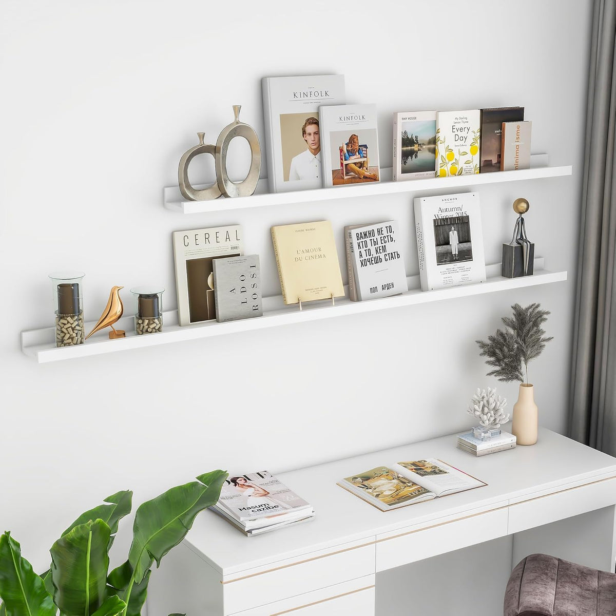 Solid Ash Wood Picture Ledge Shelf, 36 Inch Floating Shelves with Lip Set of 2, Photo Ledge Shelf