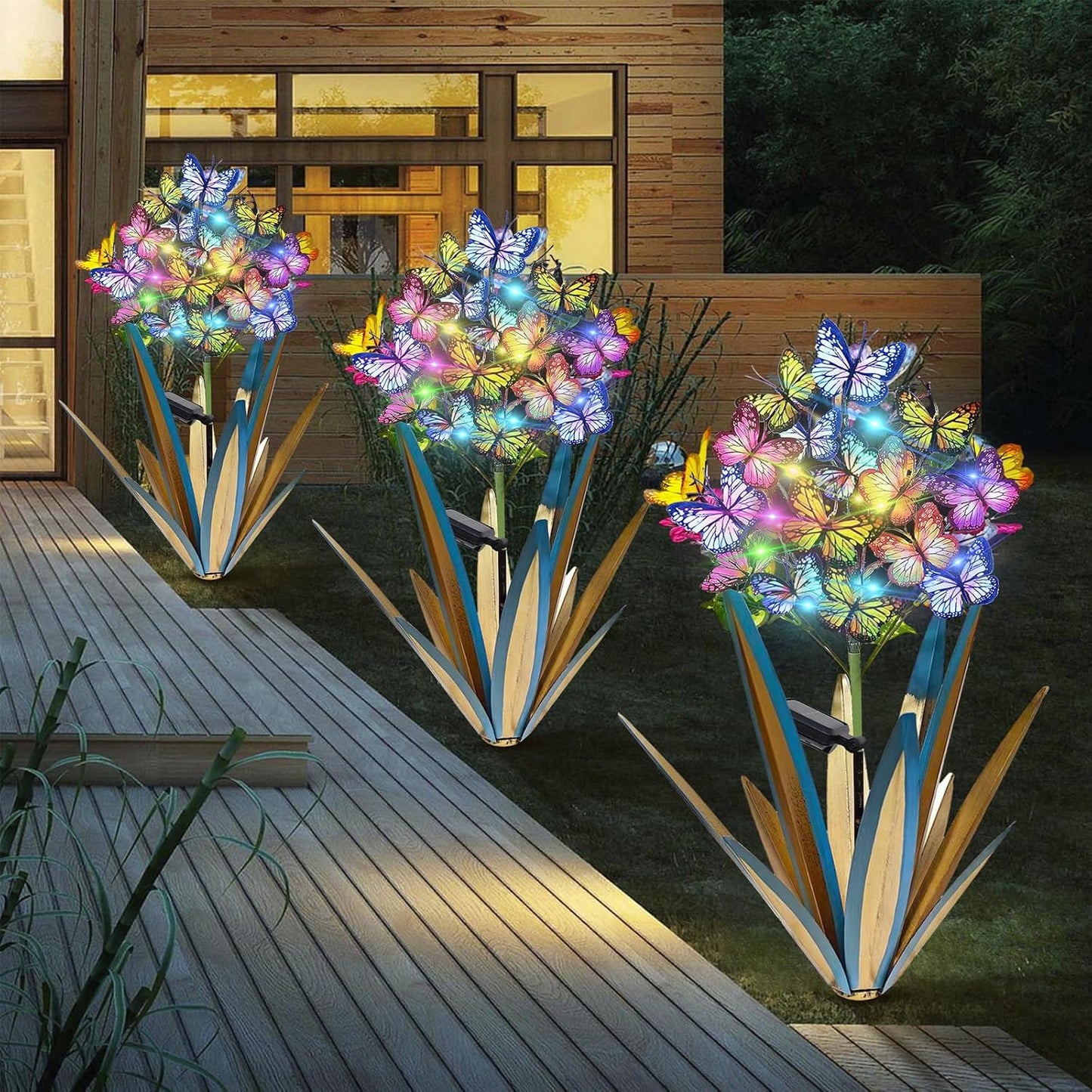 Homight Solar Metal Agave Butterfly Flower Stick Garden Sculpture - Outdoor Christmas Lights With