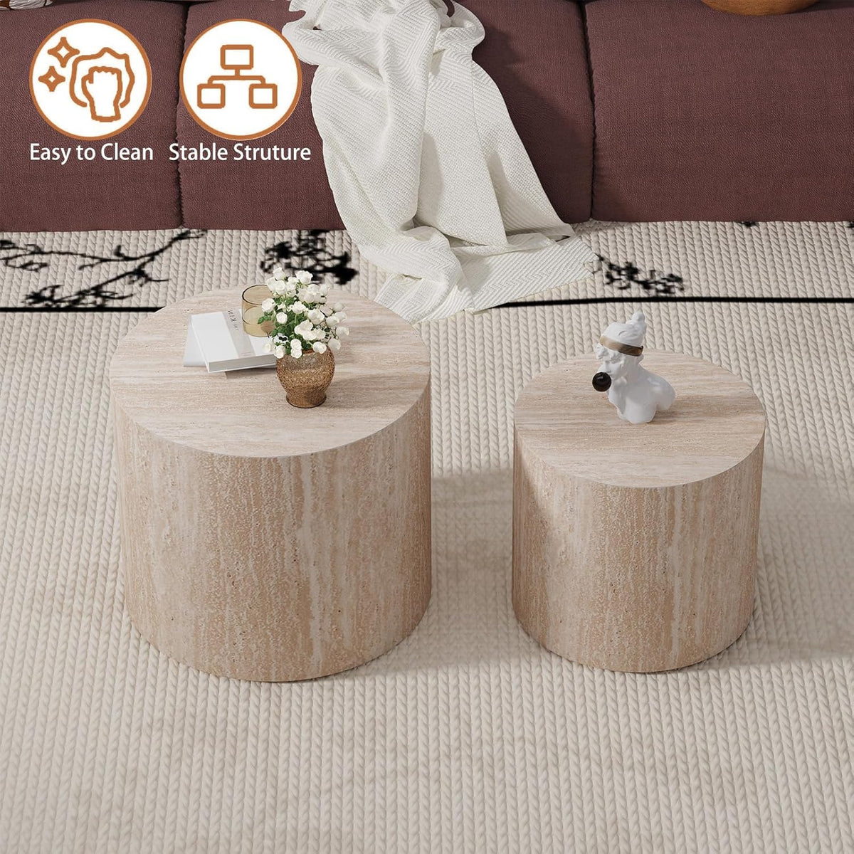 Travertine Round Nesting Coffee Tables 2 Piece Set - Contemporary Design, Round Drum Nesting Side